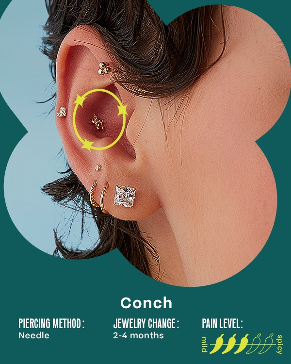 Conch. Piercing Method: Needle; Jewelry Change: 2-4 Months; Pain Level: 3/5