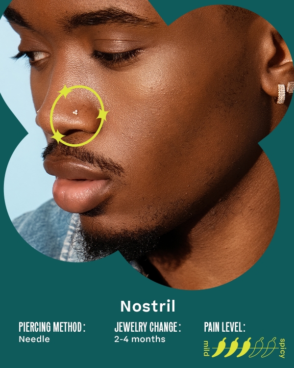Nostril. Piercing Method: Needle; Jewelry Change: 2-4 Months; Pain Level: 3/5