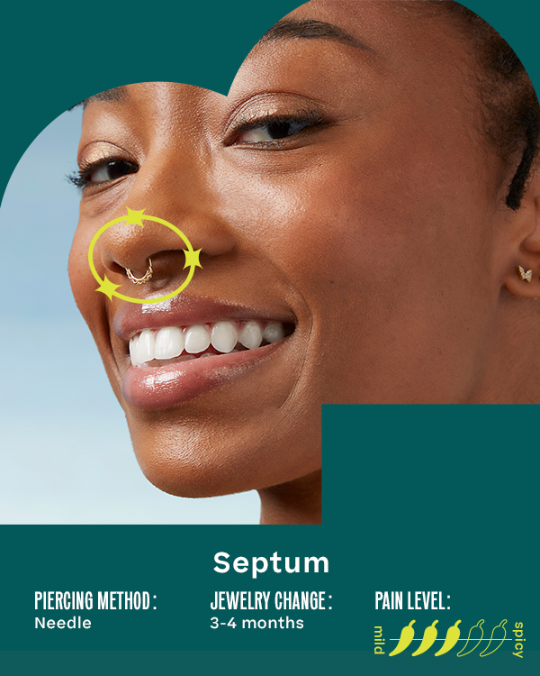 Septum. Piercing Method: Needle; Jewelry Change: 3-4 Months; Pain Level: 5/5