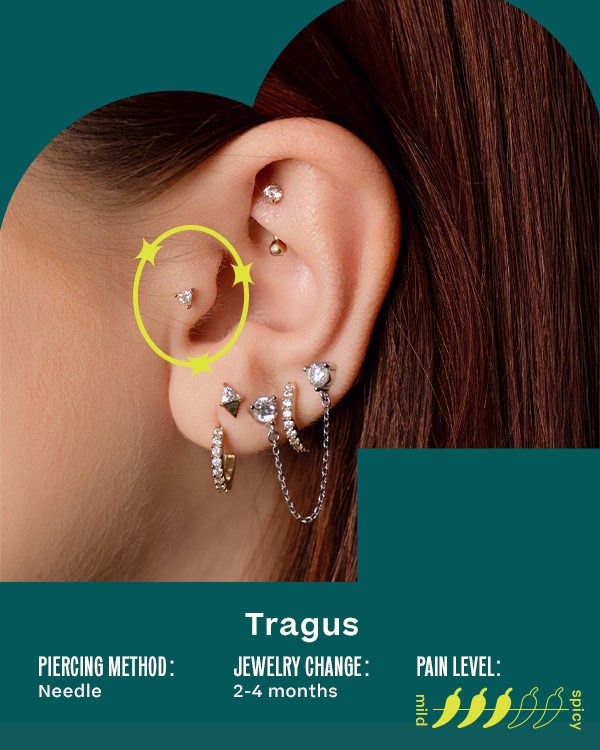 Tragus. Piercing Method: Needle; Jewelry Change: 2-4 Months; Pain Level: 3/5